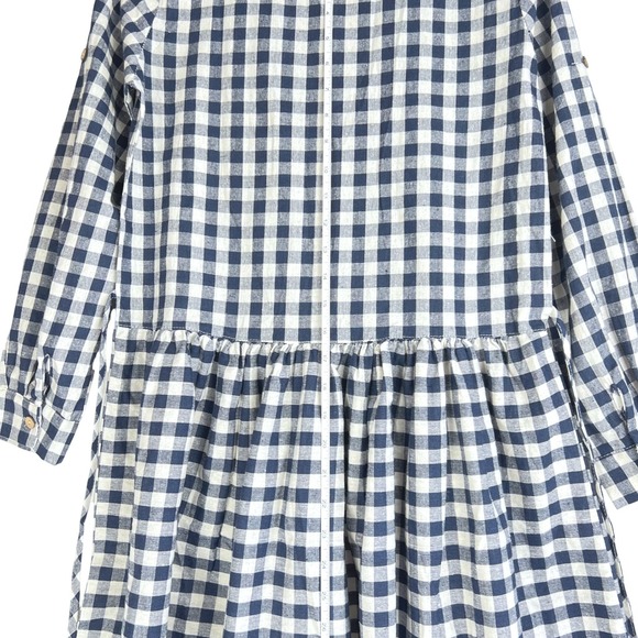 Navy Blue White Gingham Checkered Linen Blend Midi Dress Lagenlook Tie Back - Picture 6 of 9